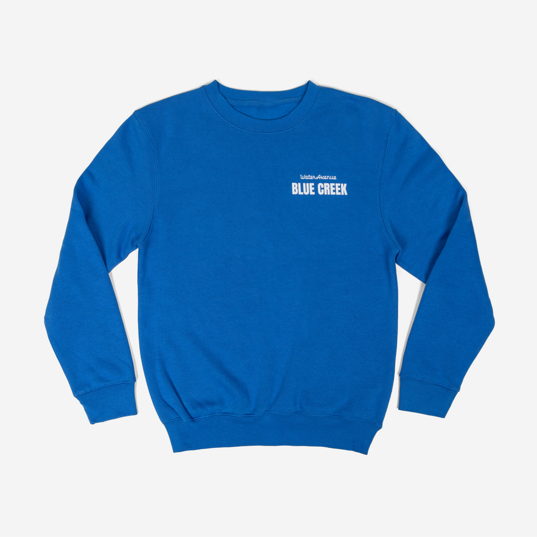 Blue Creek Crewneck from the front.