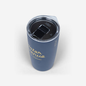 Navy 16oz Miir Tumbler with yellow Water Avenue logo, shot from the side