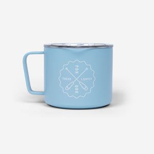 Water Avenue 8oz Camp Mug from the back - light blue with white Water Avenue logo