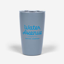 Load image into Gallery viewer, Water Avenue 12oz Miir tumbler, grey with blue logo, shot from the front
