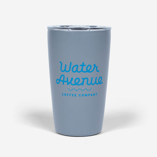 Water Avenue 12oz Miir tumbler, grey with blue logo, shot from the front