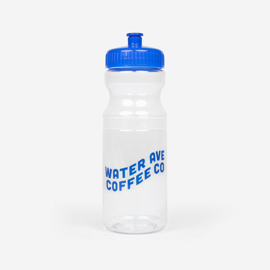 Water Ave Coffee Co blue wavey logo on translucent bike bottle with blue cap.