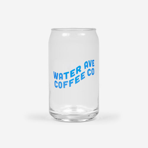 Water Ave Coffee Co wavy logo on pint glass.