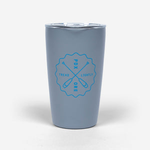 Water Avenue 12oz Miir tumbler, grey with blue logo, shot from the back