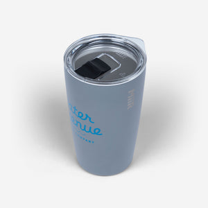 Water Avenue 12oz Miir tumbler, grey with blue logo, shot from the side