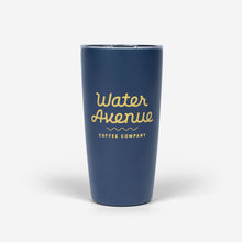 Load image into Gallery viewer, Navy 16oz Miir Tumbler with yellow Water Avenue logo, shot from the front
