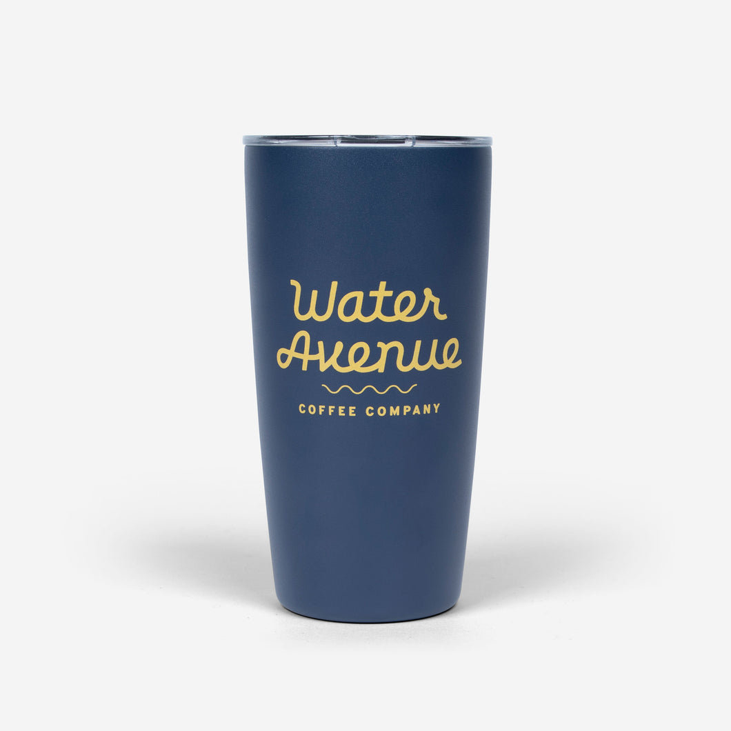 Navy 16oz Miir Tumbler with yellow Water Avenue logo, shot from the front