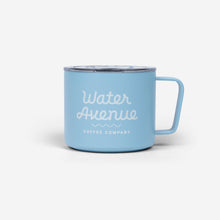 Load image into Gallery viewer, Water Avenue 8oz Camp Mug from the front - light blue with white Water Avenue logo
