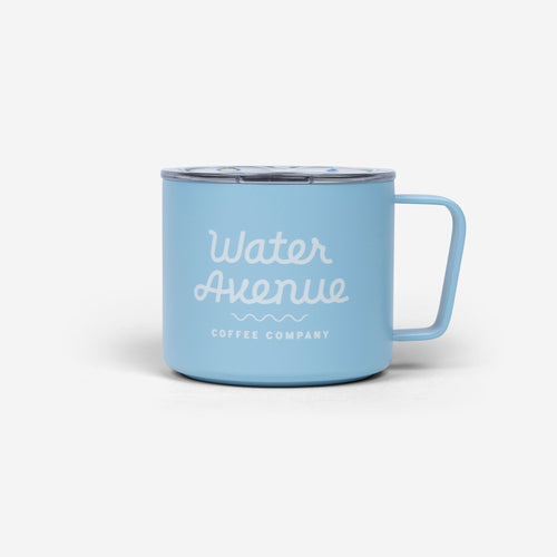 Water Avenue 8oz Camp Mug from the front - light blue with white Water Avenue logo