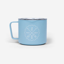Load image into Gallery viewer, Water Avenue 8oz Camp Mug from the back - light blue with white Water Avenue logo
