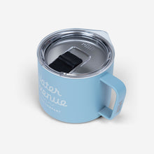 Load image into Gallery viewer, Water Avenue 8oz Camp Mug from the side - light blue with white Water Avenue logo

