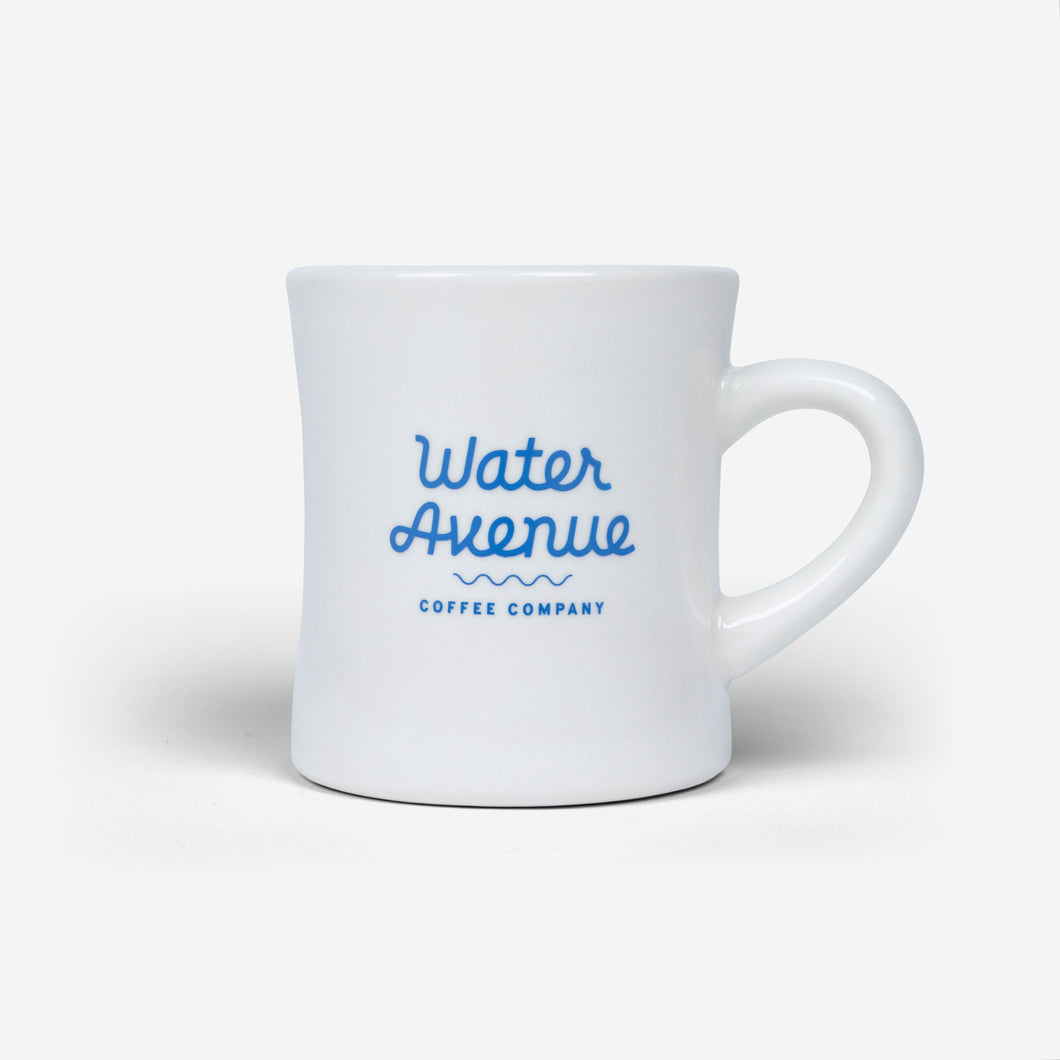 Water Avenue white diner mug with blue logo, shot from the front
